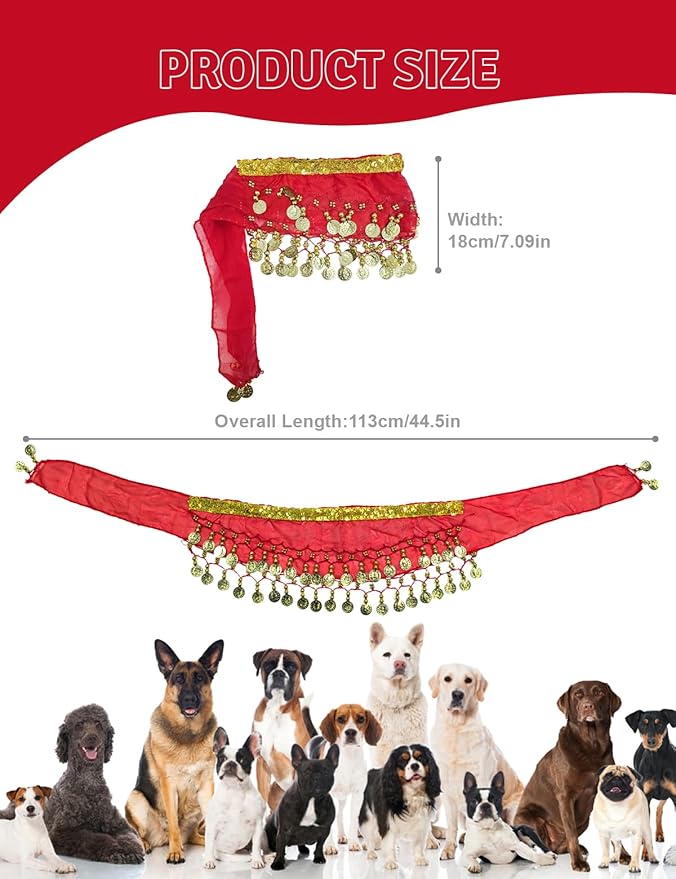 Dog Belly Dancer Costume - Puppy Outfit with Sequin Waist Chain & Hip-Shaking Skirt - Ideal for Corgi and Puppy Birthday Parties or Halloween Celebrations(Small,Red)