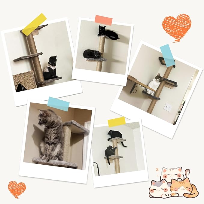 PAWSCRAT Wall-Mounted Cat Tree, 5 Tier Floor to Ceiling Cats Tower, 80 Inch Wall-Mounted Cat Scratching Post, Space Saving Cat Furniture and Easliy Climb for All Cats, Darkgery