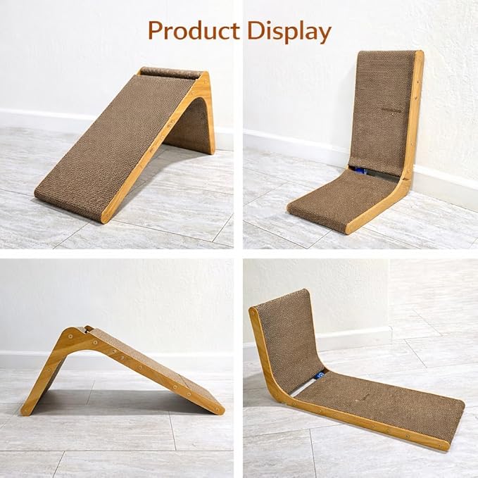 SnuggleSpruce L-Shaped Cat Scratcher with Jingle Ball | 26.5" Cardboard Scratching Post | Protects Furniture | Non-Slip Base | Easy Assembly | Medium, Brown