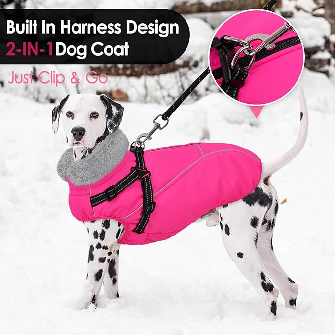 AOFITEE Dog Winter Coat, Waterproof Dog Jacket with Harness Built in, Warm Fleece Dogs Coats for Medium Dogs, Reflective Cozy Thermal Pet Puffer Jacket Snowsuit with Zipper & Furry Collar, Pink M