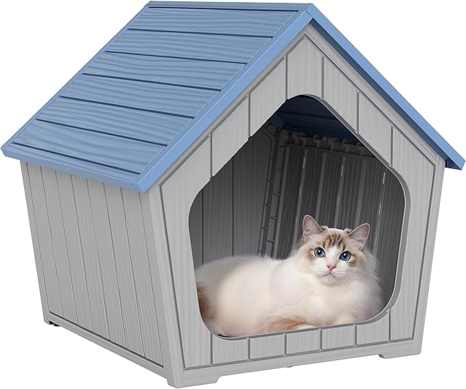 LHBcraft Cat House Outdoor Indoor, Sturdy Waterproof Plastic Cat House for Small to Medium Sized Cats, Resin Cat Shelter with Air Vents, Easy Clean and Assemble, Grey (Blue-22.4" D x 18" W x 22.2" H)