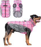BEAUTYZOO Dog Winter Coat with Harness Built in, Reflective Plaid Puffer Vest Waterproof for Large Dogs, Fleece Warm Puppy Zipped Jacket with D Ring, Pet Cold Weather Sweater Clothes, Pink L