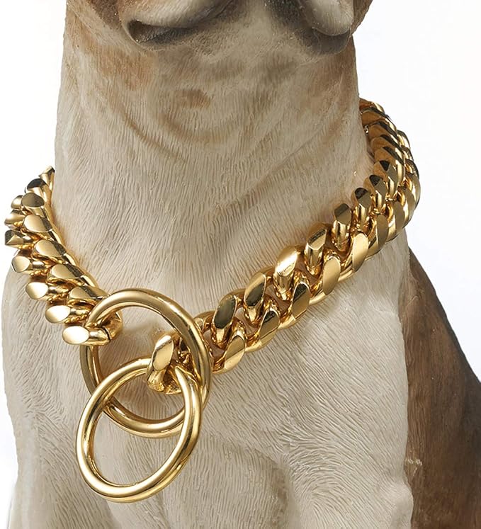 Strong 18K Gold Plated Dog Chain Collar Stainless Steel Width 10mm,12mm,15mm,18mm Cuban Link Choke Collar for Dog's Training,Daily Use (18mm,18inch)