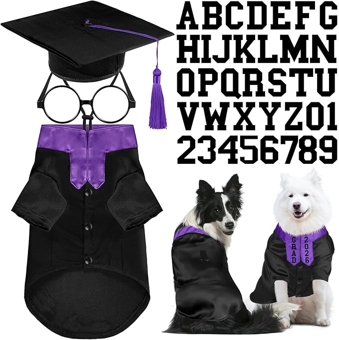 5 Pcs Dog Graduation Costume Set Include 2026 Pet Graduation Gown with Stole Puppy Grad Cap Lensless Glasses DIY Letter Stickers for Dogs Cats Holiday Costume Accessory(Black Purple,XL)
