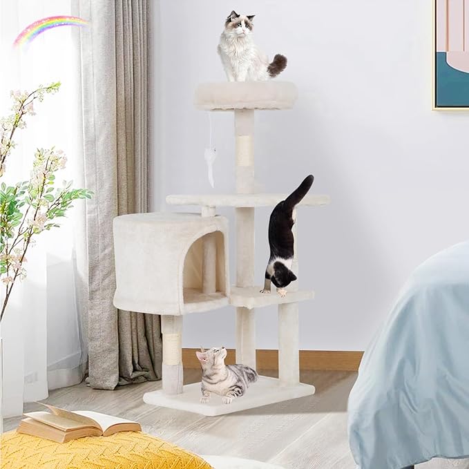 Cat Tree 36 Inch Cat Tower for Indoor Cats with Scratching Post,Padded Perch,Hanging Toys for Kittens & Adult Cats,Beige (Beige)