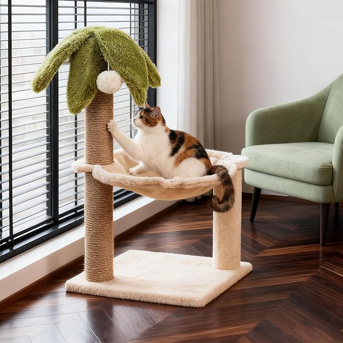 Simcat Kitten Tree with Plush Perch, Soft Hammock,and Paper Rope Scratching Posts, Stable Cat Stand，Durable Scratch Posts for Indoor Small Cats, 12.2 x 12.2 x 21.65 Inches, Beige