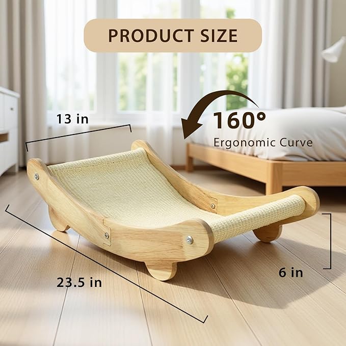 2-in-1 Natural Sisal Cat Scratcher Bed for Indoor Cats – Large Wooden Hammock Lounge Furniture with Solid Oak Frame, Easy Assembly for Large Cats Resting & Scratching
