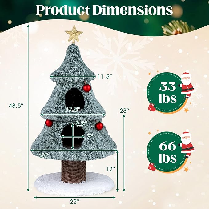 PETSITE 48.5 Inches Cat Christmas Tree, Cute Cat Tower with Scratching Post, 2 Comfy Condos and Decorative Festival Dangling Balls, Star-Shaped Ornament Sits at The Top, Soft Polar Fleece Covered