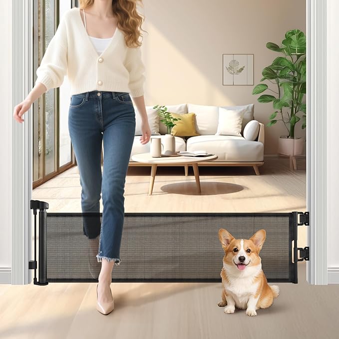 Retractable Short Dog Gate - Small Puppy Mesh Safety Pet to Step Over Gates Doggy Door for Doorways Stairs Kitchen Hallways Indoor, 14" Tall, Extends up to 55" Wide, Black