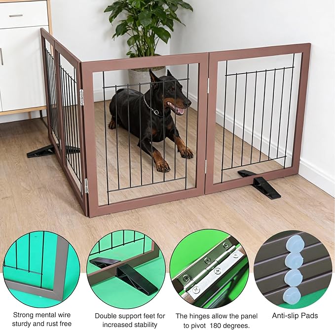Dog Fence Indoor,Dog Gate Indoor for Doorway pet gate -4-Panel Freestanding, Hallways, House or Stairs -80x32-Inch Retractable Foldable Expandable Wood Pet by SFJC (Brown) ﻿