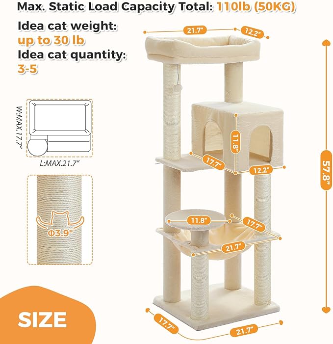 PETEPELA 58" Large Cat Tree for Big Adult Cats up to 30 lbs, Heavy Duty Cat Tower w/Extra-Thick Scratching Posts [φ3.9”], XL Hammock & Spacious Condo, Study Cat Furniture for Maine Coons, Beige