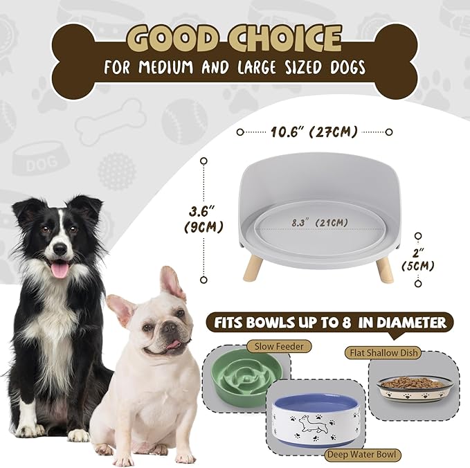 Raised Dog Feeder Bowl Stand - Elevated Dining Table for Medium and Large Dogs - Fits Food and Water Dish up to 8" Diameter - Grey (Bowl Not Included)