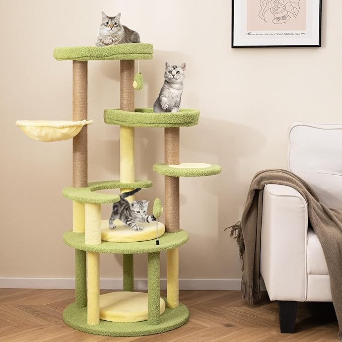 PETSITE 51-inch Avocado-Themed Cat Tree, Multi-Level Modern Cat Tower with Jute Scratching Posts, Avocado-Shaped Dangling and Spring Toy, and Removable Cushions, Cute Cat Tree Tower for Indoor Cats
