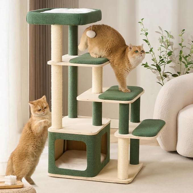 Modern Wood Cat Tree Tower for Large Cats - 43.5" Indoor Wooden Cat Condo with Sisal Scratching Posts, Washable Cushions, Large Top Perch & Easy Climb Steps for Elderly/Short-Legged Cats Multi-Cat Use