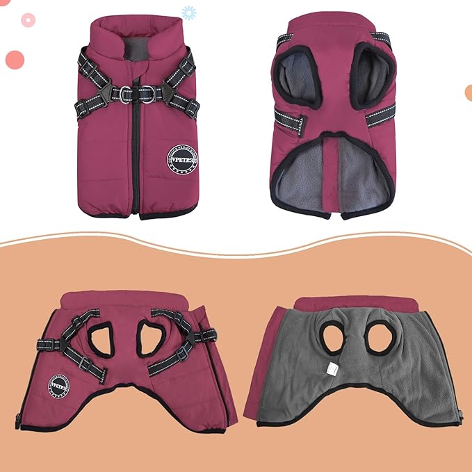 Dog Winter Coat,Warm Jacket Paded Fleece Pet Vest with Built in Harness, Windproof Reflective Cozy Adjustable Snow Dog Coat Clothes with Zipper for Small Medium Large Dogs