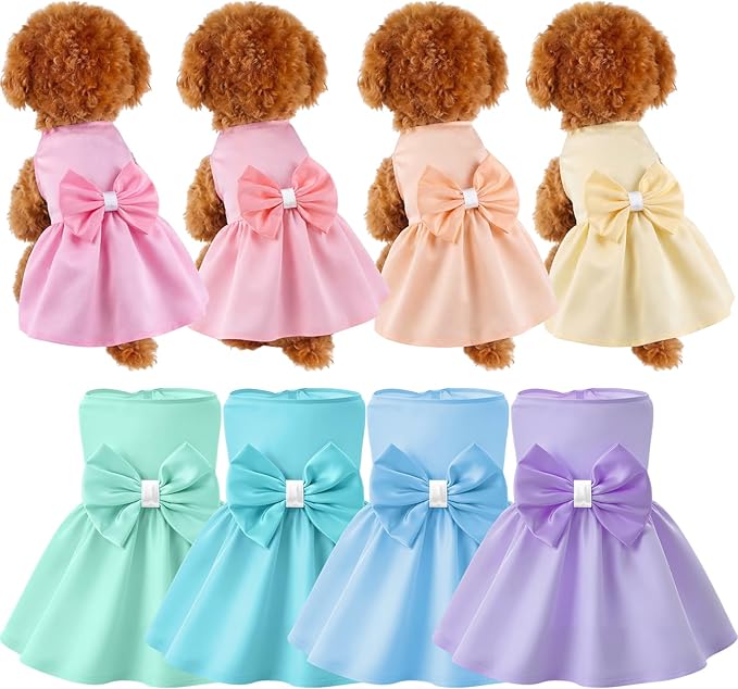 Sanwuta 8 Pieces Dog Dresses for Small Dogs Medium Puppy Clothes Girl Dog Outfit Cute Bowknot Pet Skirt Soft Lightweight Summer Apparel for Cats Puppies Party Wedding Photo Wear