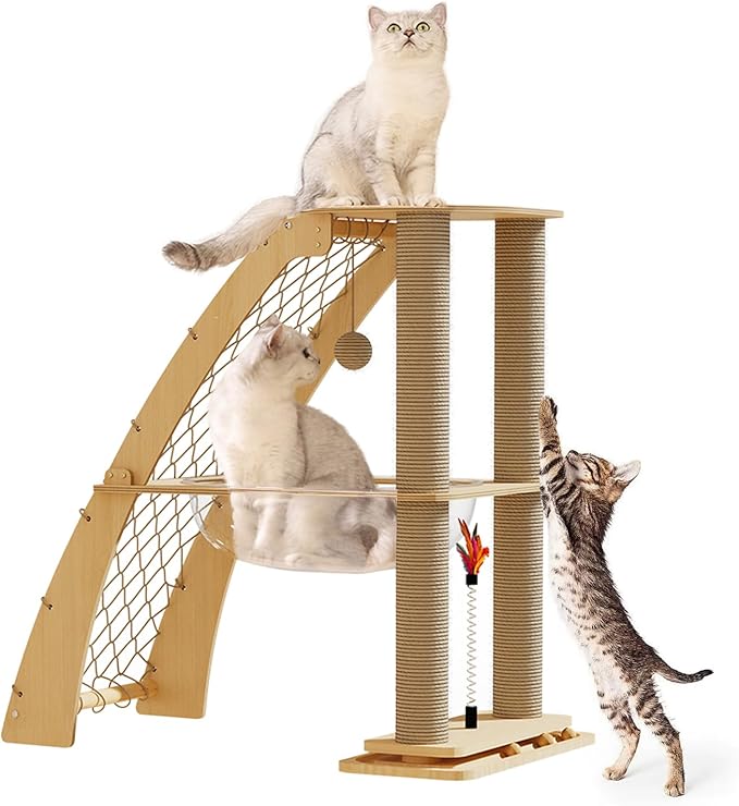 Wood Cat Tree Tower for Indoor Cats with Scratching Posts, Modern Cat Tree Cat Condo, Hammock, and Climbing Web Cat Track Toy with Spinning Balls, 15.7in Full Sisal Scratching Posts