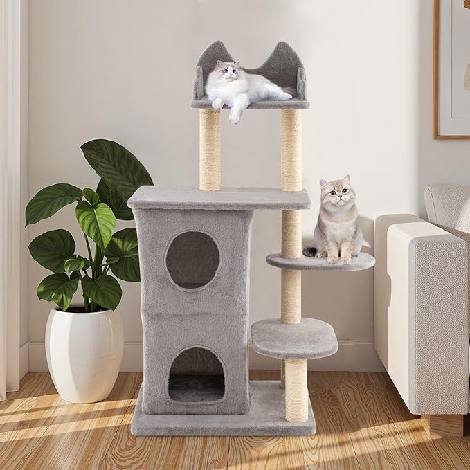 PETSITE 48.5-inch Multi-Level Cat Tree, Modern Cat Tree Tower with Sisal Scratching Posts, Double-Layer Condo, Cute Top Perch, and Multiple Jumping Platforms, Grey