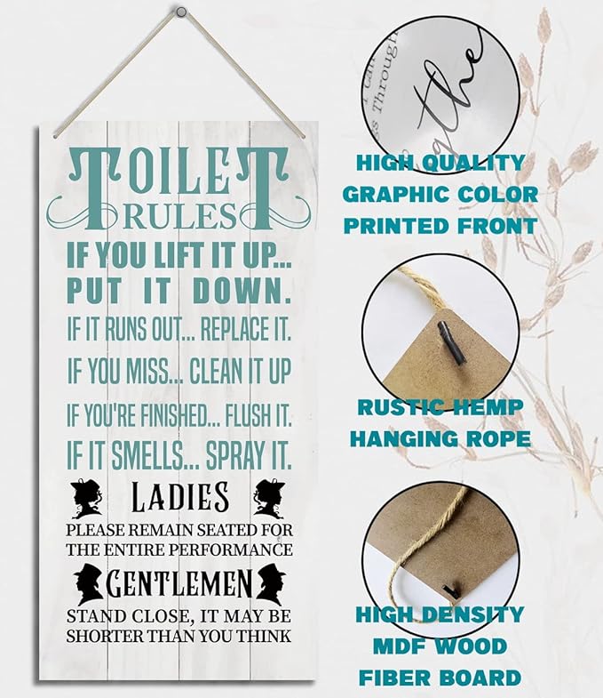 Bathroom Rules Wood Decor Sign, Toilet Rules, Hanging Printed Wooden Plaque Décor, Funny Bathroom Wall Décor, Vintage Bathroom Decor, Toilet Wall Decor Signs, Restroom Wooden Hanging Sign 12x 6inch