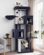 51.2'' Cat Tree Tower, Cat Tower with Scratching Post, Sturdy Steel Pube Cat Tree for Inoor Cats Large Adult, Cat Hammock and Basket, Padding Top Platform, Drak Gray GCT014G