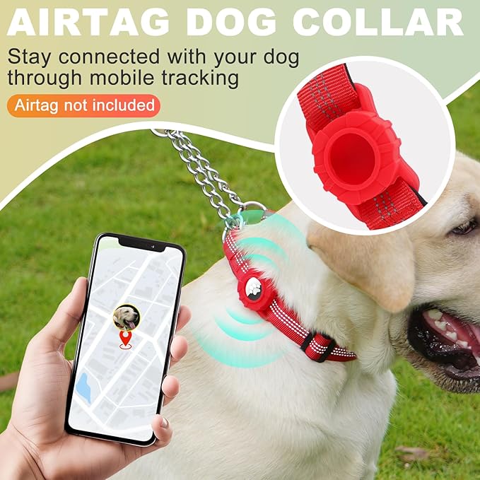 Cymiler Martingale Dog Collar with AirTag Holder, Reflective Nylon Training Collar, Stainless Steel Chain, Heavy Duty Buckle, Limited Slip Collars for Small Medium Large Dogs (Red, Medium)
