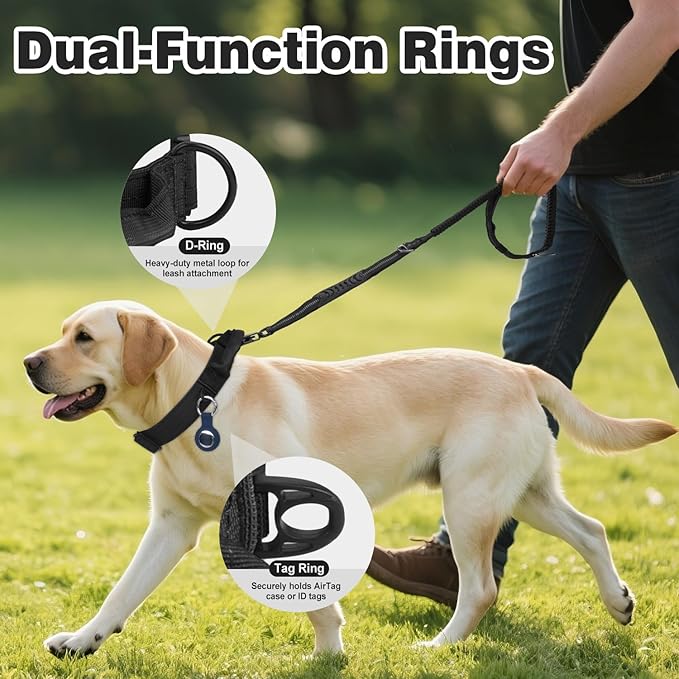 Joytale Tactical Dog Collar for X-Large Dogs with Control Handle, Heavy Duty Military Training Collar for Power Breeds, AirTag Holder Case, Quick Release Metal Buckle, Soft Padded, XL, Black