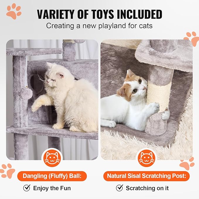 Happybuy Cat Tree for Indoor Cats, 68.5" Cat Tower with 2 Cat Condos, Sisal Scratching Post, Hammock, Top Perch, Jumping Platforms, Large Cat Furniture Activity Center with Hang Ball, Light Grey