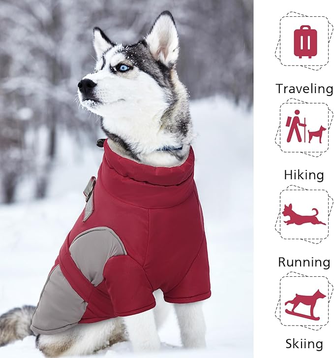 ROZKITCH Dog Winter Coat, Dog Coat for Autumn Winter with Turtleneck, Pet Clothes with Adjustable Waist Strap, Soft Warm Pet Clothing with Reflective Strip for Small Medium Large Dogs Dark Red M