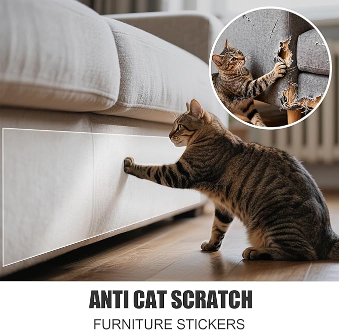 Cat Scratch Guard Tape, 394''x8.2'' Clear Anti Scratch Tape for Furniture, Single Sided Protective Film to Stop Cats & Dogs Scratching Sofa, Door, Walls, Car Interiors