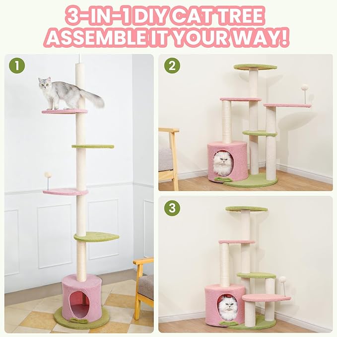 Max & Marlow Cat Tree Floor to Ceiling Cat Tower Height 95-108" Adjustable Kitten Tree Tall Climbing Tree with Carpet Scratching Post and Mat Cat Pole for Indoor Cats, Pink