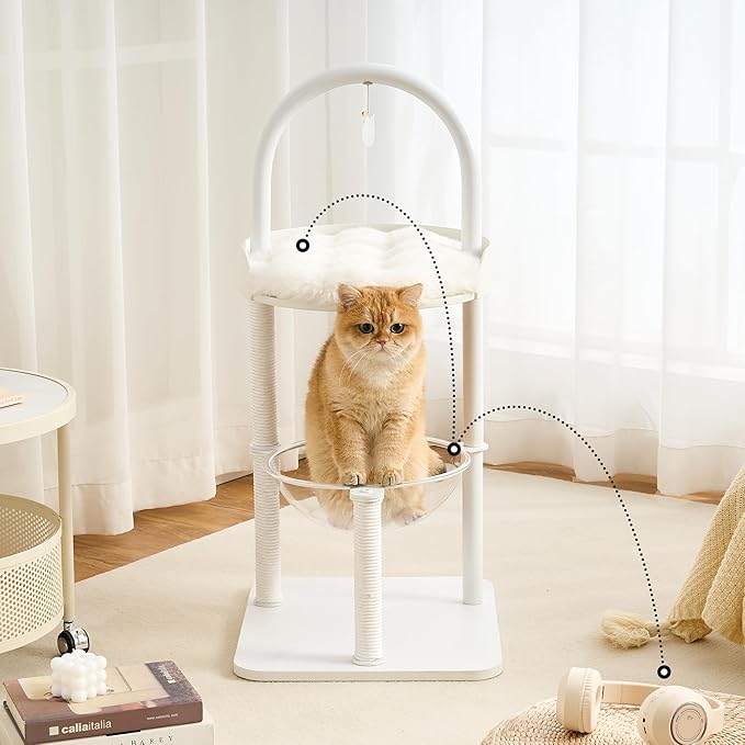 Modern Cat Tree, Wood Cat Tower with Steel Frame, Scratching Posts, Cat Capsule, Plush Mat, Bell Dangling Toy, Aesthetic Minimalist Heavy-Duty Cat Climbing Tree for Large Indoor Adult Cats-White