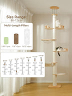 Floor to Ceiling Cat Tree, 5-Tier Adjustable Height(7.3-10.5ft) Solid Wood Climbing Tower with Sisal Scratching Posts, Transparent Capsule and Cozy Hammock