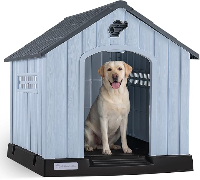 LEMBERI Durable Waterproof Plastic Dog House for Small to Medium Sized Dogs, Indoor Outdoor Doghouse with Air Vents and Elevated Floor, Easy to Assemble (Gray, 33.5" L x 31.5" W x 33.9" H)