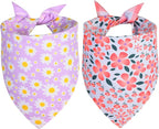 Spring Dog Bandanas Girl Small 2PCS, Purple Pink Daisy Summer Scarf, Durable Triangle Reversible Spring Bibs Handkerchief for Puppy Pet
