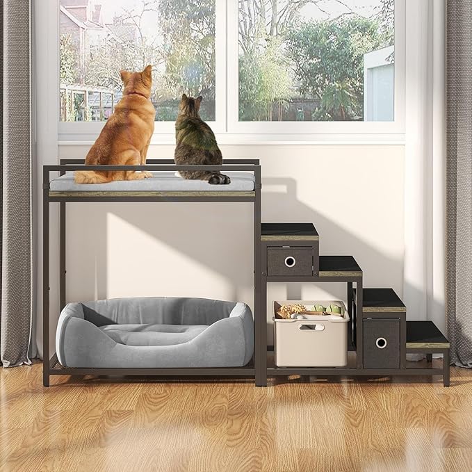 Pet Bunk Bed with Removable Stairs and 2 Drawers, Dogs/Cats Window Perch, Dog Window Seat with Soft Cushion, Ultra-Shallow Steps, Sturdy Metal Frame, Non-Slip, Load Capacity 60 LBS