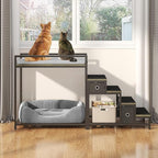 Pet Bunk Bed with Removable Stairs and 2 Drawers, Dogs/Cats Window Perch, Dog Window Seat with Soft Cushion, Ultra-Shallow Steps, Sturdy Metal Frame, Non-Slip, Load Capacity 60 LBS