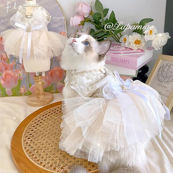 ANIAC Embroidered Dog Dress for Small Dog,Girl Puppy Princess Tutu Dress with Leash Ring,Cat Apparel,Chihuahua Yorkie Clothes for Birthday Wedding (Medium, Champagne)