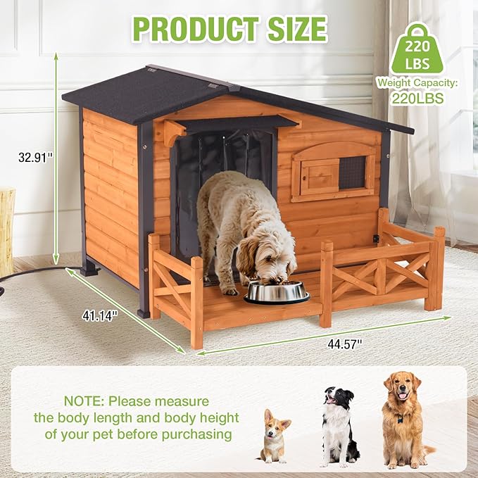Heated Dog House Outdoor Insulated Weatherproof Dog Kennel with Anti-bite Iron Frame, Heating Pad and Insulated Liner, Dog Shelter with Porch and Sliding Window for Small to Large Breeds (Brown)