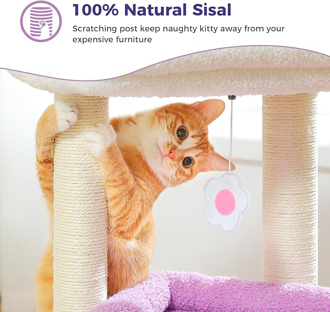 PEQULTI Cat Tree Flower Cat Tower for Indoor Cats and PEQULTI Flower Cat Scratching Post, Small Cat Tree, Tall Cat Scratcher