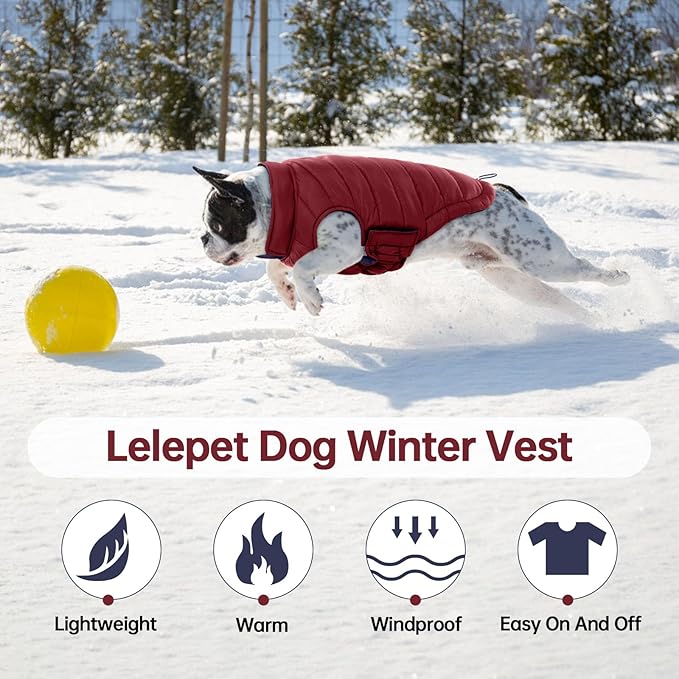 Lelepet Reversible Dog Coat Waterproof Dog Jacket Windproof Puffer Vest for Winter Warm Lightweight Coats for Small Dogs Adjustbale Hook & Loop Pet Apparel with Leash Hole, Pug, Wine Red, M