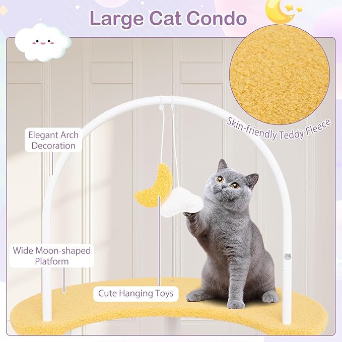 PETSITE 62 inch Moon and Star-Themed Cat Tree, Modern Multi-Level Cat Tower with Moon-Shaped Top Perch, Star-Shaped Hanging Toys, Barrel-Shaped Hammock, and Cat Condo, Cute Cat Tree for Indoor Cats