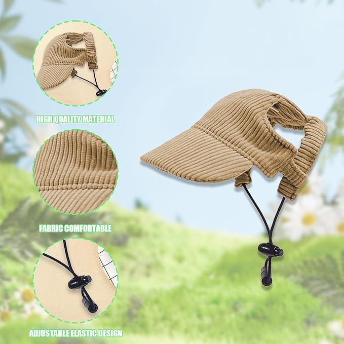 Dog Baseball Cap, Dog Cat Summer Beach Visor Hat with Ear Holes, Adjustable Puppy Sunbonnet Headdress (Brown, Medium)