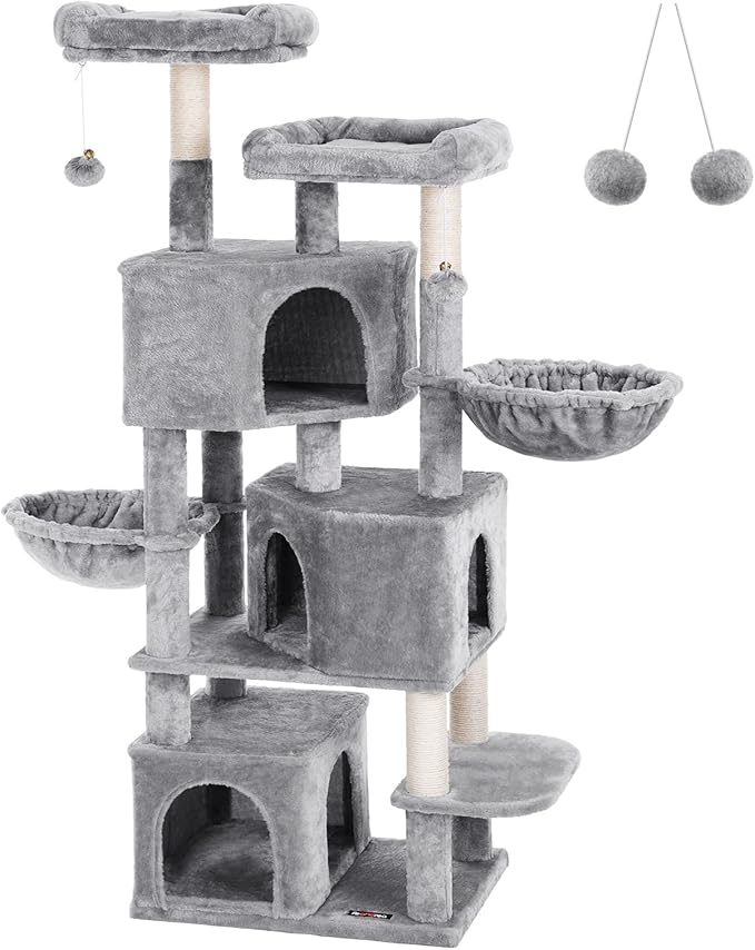 FEANDREA Large Cat Tree with 3 Cat Caves, 164 cm Cat Tower, Light Grey PCT98W