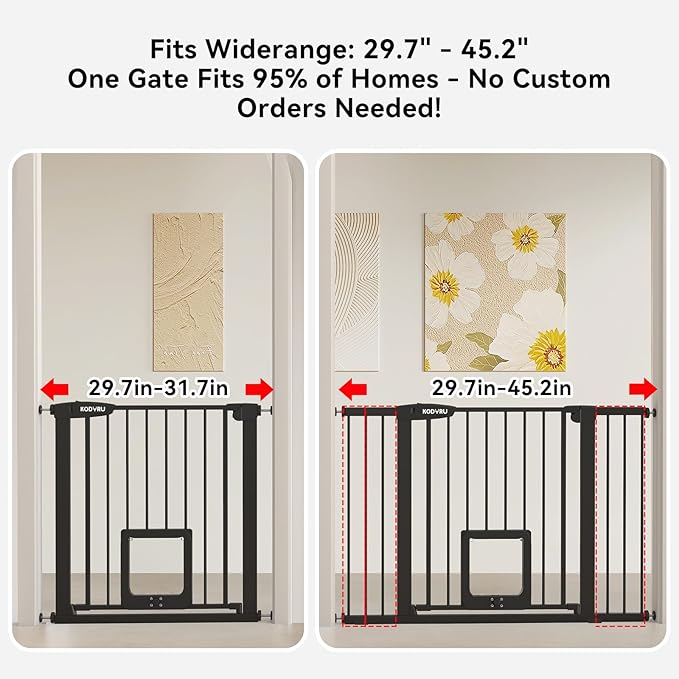 30 Inch Tall Dog Gate with Cat Door, Adjustable Width (29.7-45.2 Inches) for Doorways, Hallways & Stairs, Pressure-Mounted Walk-Through Dog Gate with Auto-Close & Double Lock Safety（Black）