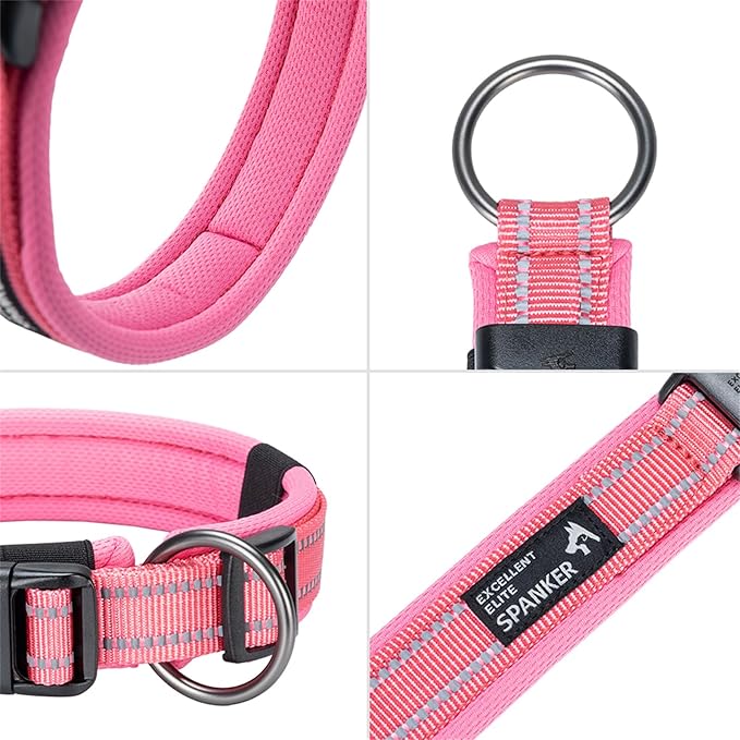EXCELLENT ELITE SPANKER Reflective Dog Collar Classic Soft Padded Breathable Nylon Adjustable Pet Collar with Quick Release Buckle for Boy Girl Male Female Small Medium Large Dogs Training(Pink-M)