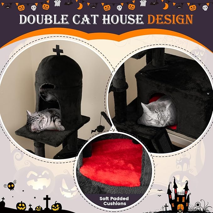 Tangkula Gothic Cat Tree, 67 Inch Tall Cat Tower with Sisal Scratching Posts and Ladder, 2 Cat Condos, Hammock, Basket Bed, Spooky Dangling Balls, Halloween Black Goth Cat Tree for Indoor Cats