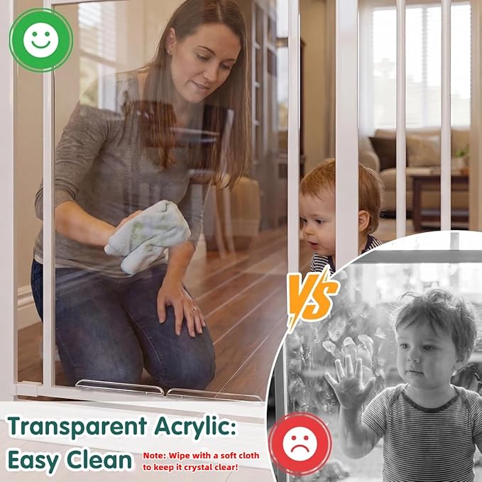TSAYAWA Triple Lock Clear Acrylic Baby Gate 29.5"-57.5, Extra Wide Auto Close Dog Gate for Doorways, Pressure Mount Indoor Child Safety Barrier for Toddlers and Pets, White