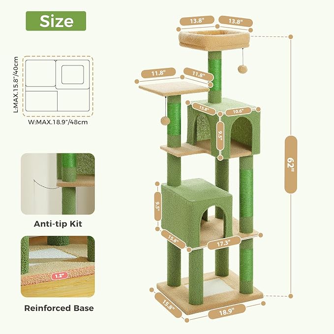 PEQULTI 62" Cat Tree for Indoor Cats, Multi-Level Cat Tower with Cozy Cat Condo Clearance Prime, Green