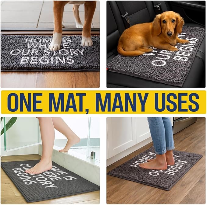 Muddy Mat® Absorbent Microfiber Door Mat and Pet Rug, Non Slip Washable Chenille Indoor Outdoor Entry Rug - Home is Where Our Story Begins Funny Welcome Mat Porch Decor 19"x30"