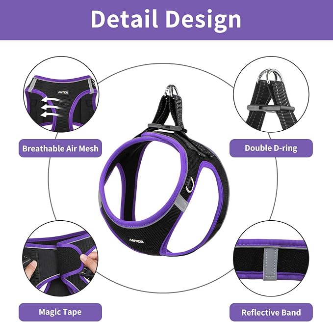 AMTOR Small Dog Harness with Leash Set, No Escape Easy Walk Puppy Harnesses for Training Walking, Step-in Reflective Soft Dogs Vest for XS S Medium Extra-Small Large Sized Dog(XL,Black/Purple)